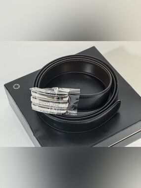 Montblanc Black Leather Men’s Belt with Silver-Tone Brushed Buckle